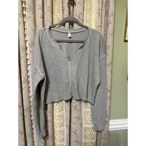 BP Womens Large Gray Waffle Knit Cropped Top Oversized Thermal Long Sleeve